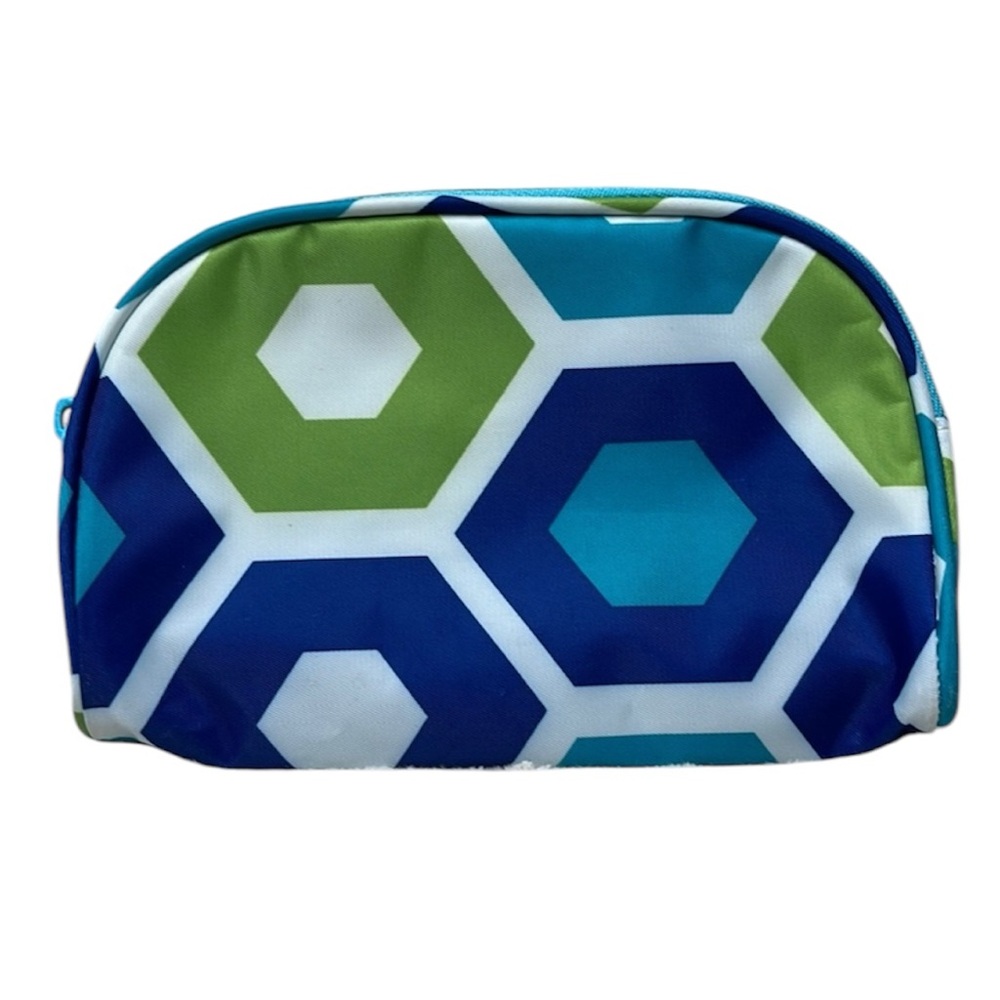 Small cosmetic bag with zip top closure.